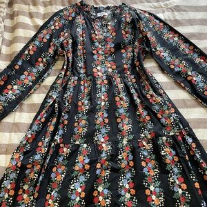 Olivia James The Label XL Floral Mini Dress Black Cotton Boho Peasant